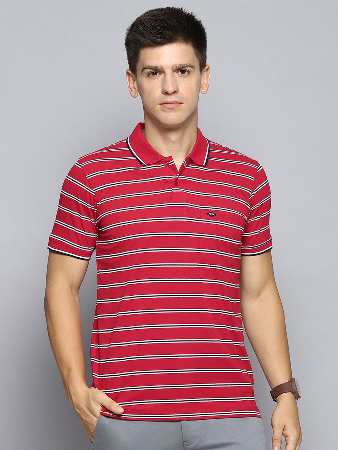 

Cloak & Decker by Monte Carlo Men Striped Polo Collar Pockets T-shirt, Red