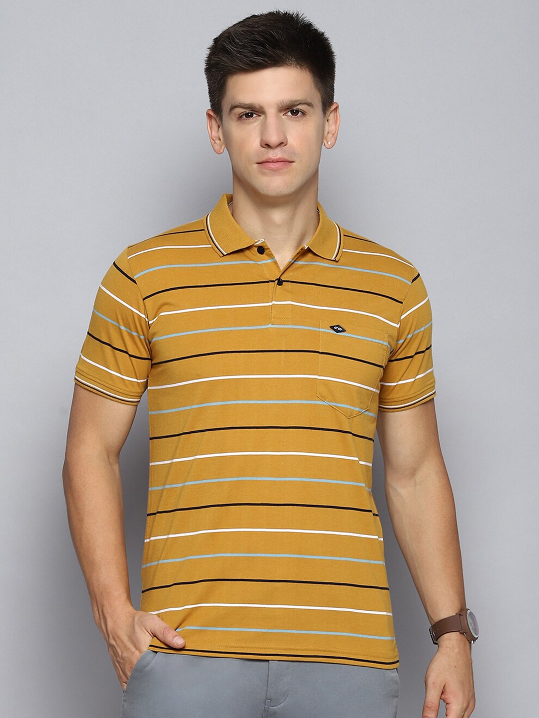

Cloak & Decker by Monte Carlo Men Striped Polo Collar Pocket T-shirt, Mustard