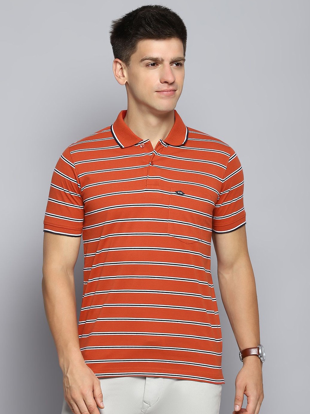 

Cloak & Decker by Monte Carlo Men Striped Polo Collar Pockets T-shirt, Orange