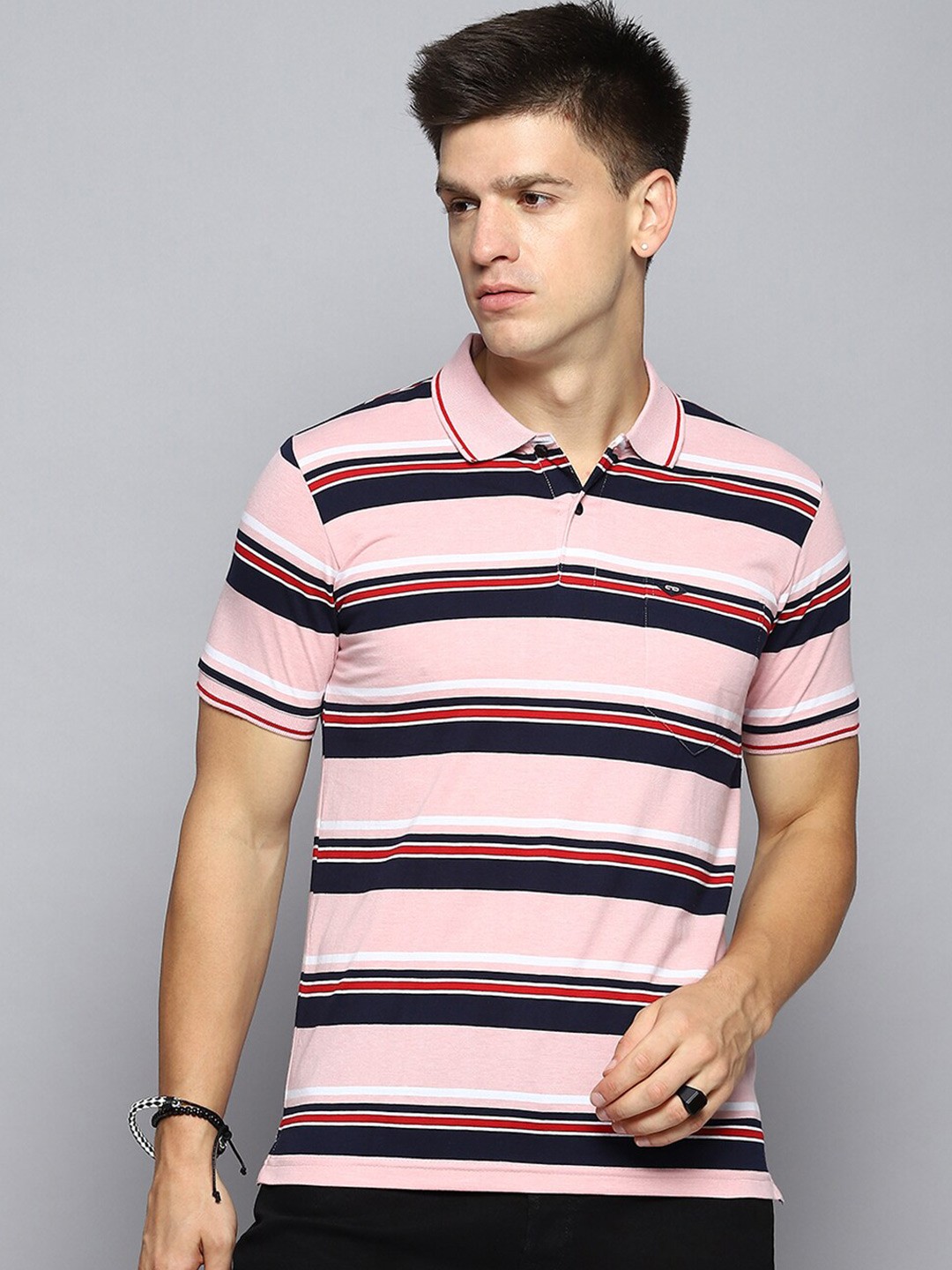 

Cloak & Decker by Monte Carlo Men Striped Polo Collar Pocket T-shirt, Pink