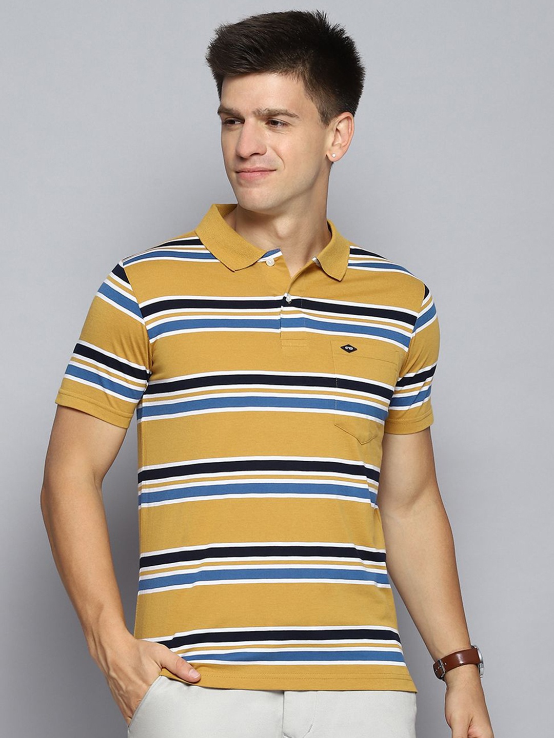 

Cloak & Decker by Monte Carlo Men Striped Polo Collar Pocket T-shirt, Mustard