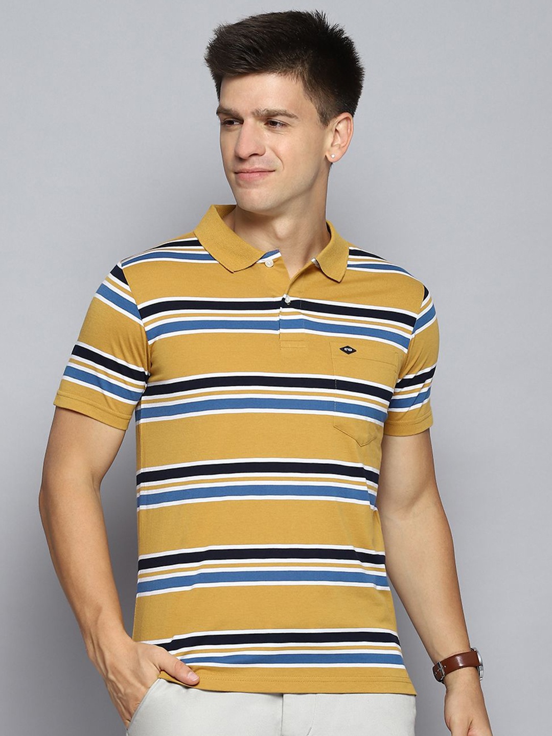 

Cloak & Decker by Monte Carlo Men Striped Polo Collar Pocket T-shirt, Mustard