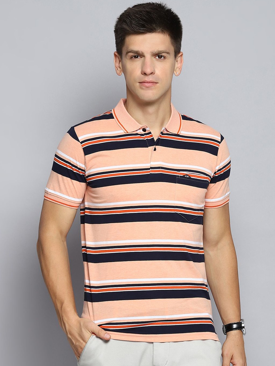 

Cloak & Decker by Monte Carlo Men Striped Polo Collar Pocket T-shirt, Orange