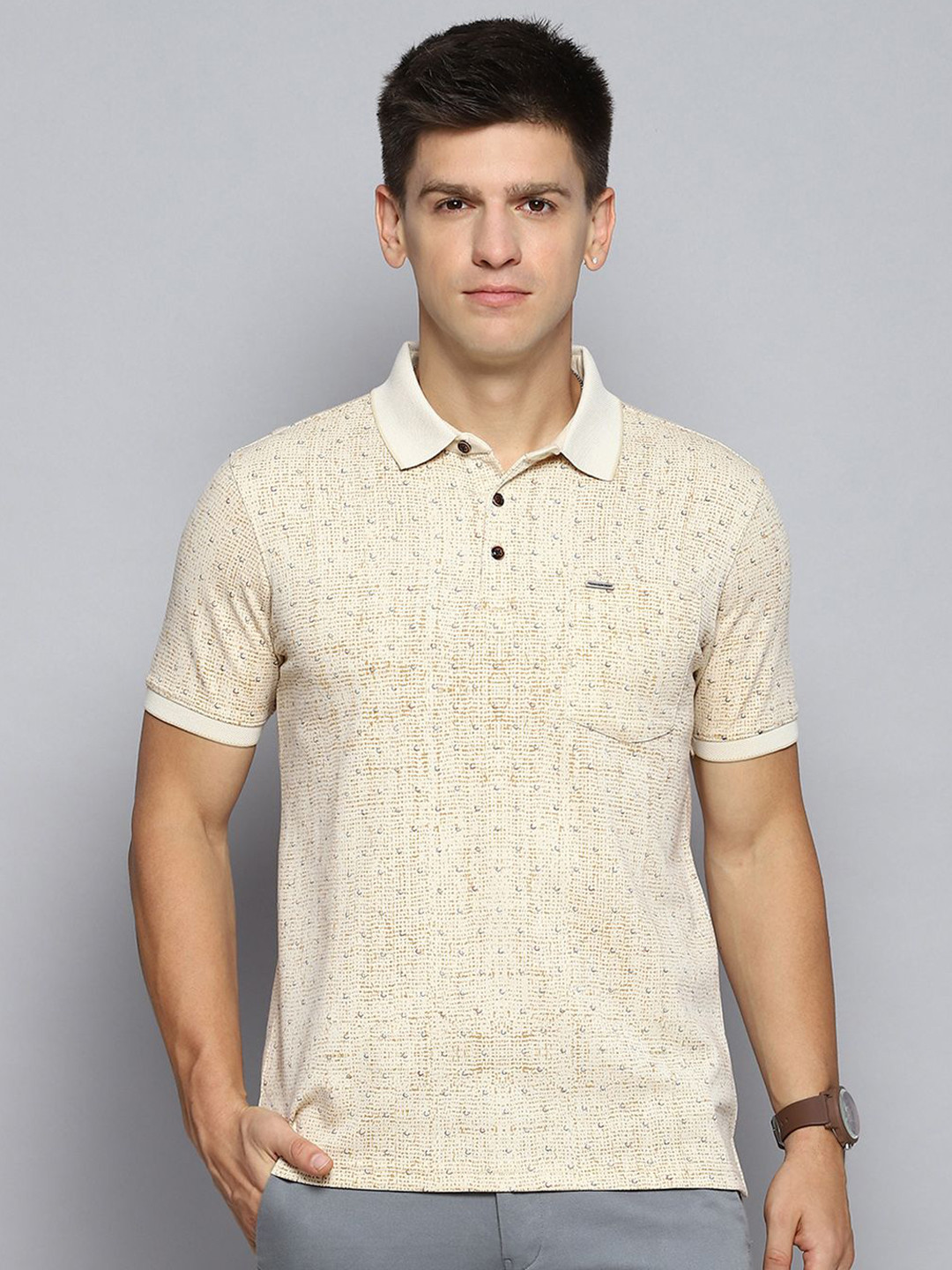 

Cloak & Decker by Monte Carlo Men Abstract Printed Polo Collar Pocket T-shirt, Beige