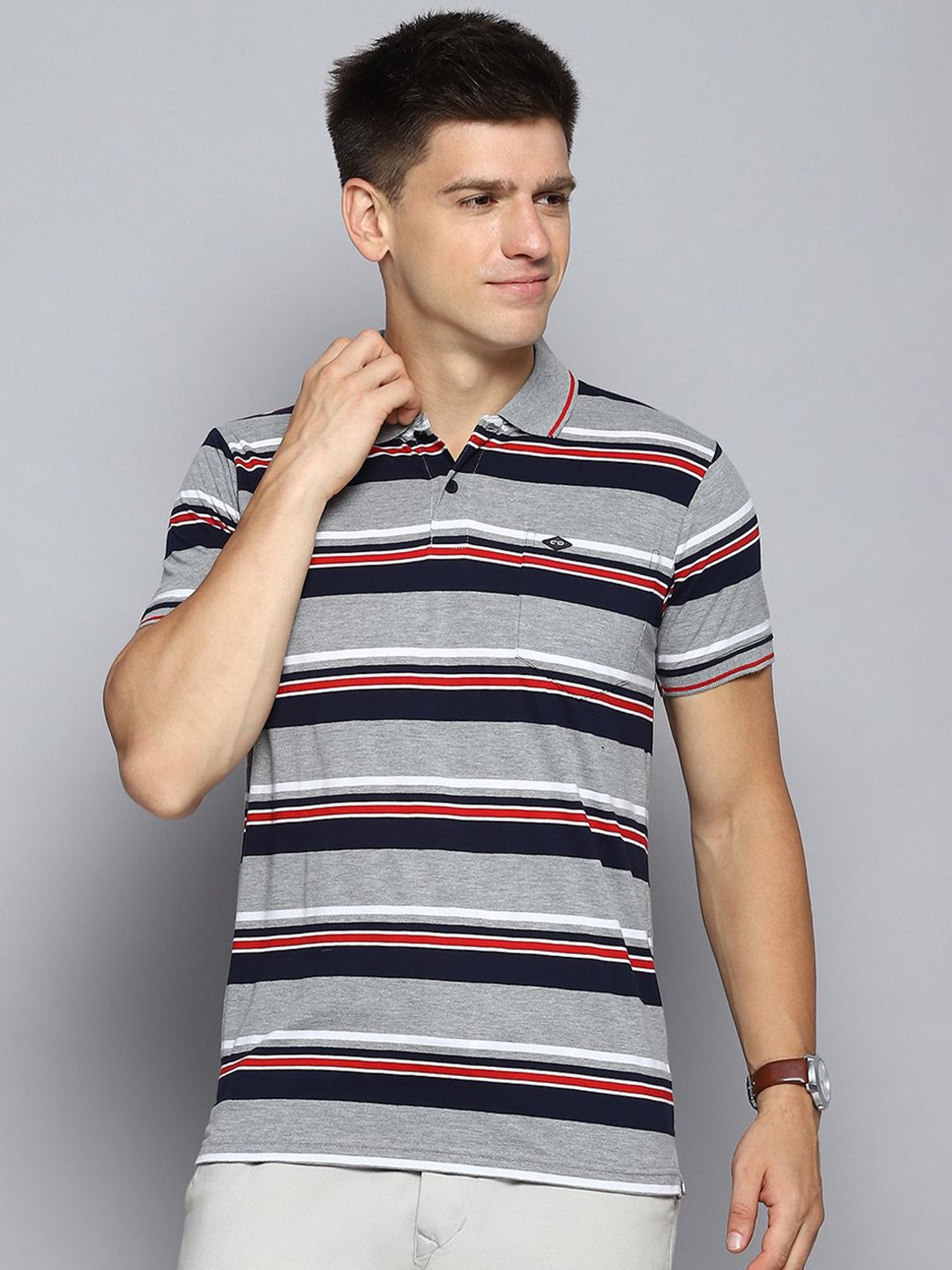 

Cloak & Decker by Monte Carlo Men Striped Polo Collar Pocket T-shirt, Grey