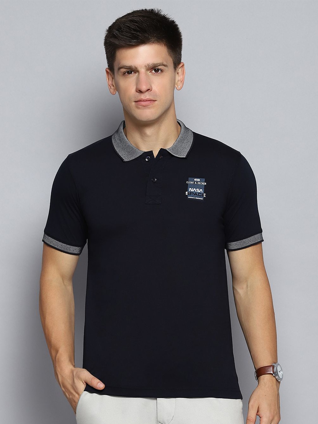 

Cloak & Decker by Monte Carlo Men Solid Polo Collar T-shirt, Navy blue