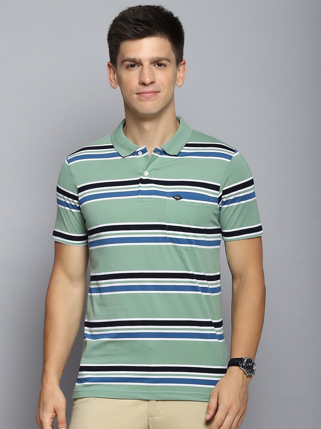 

Cloak & Decker by Monte Carlo Men Striped Polo Collar Pocket T-shirt, Green