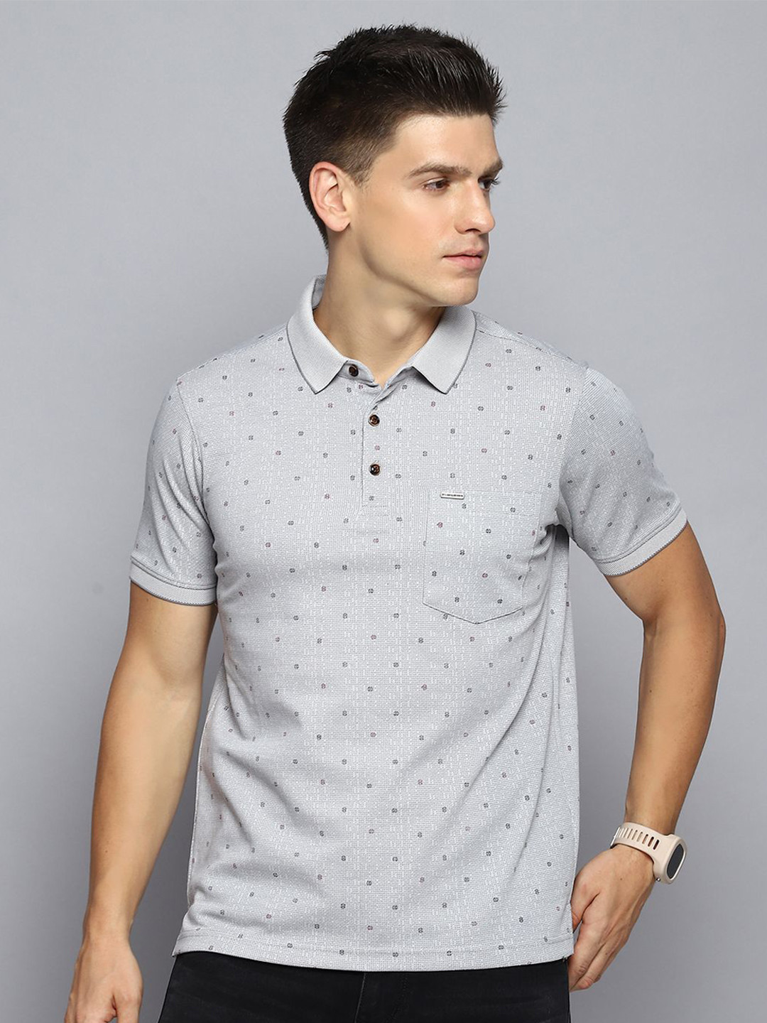 

Cloak & Decker by Monte Carlo Men Micro Ditsy Printed Polo Collar Pocket T-shirt, Grey
