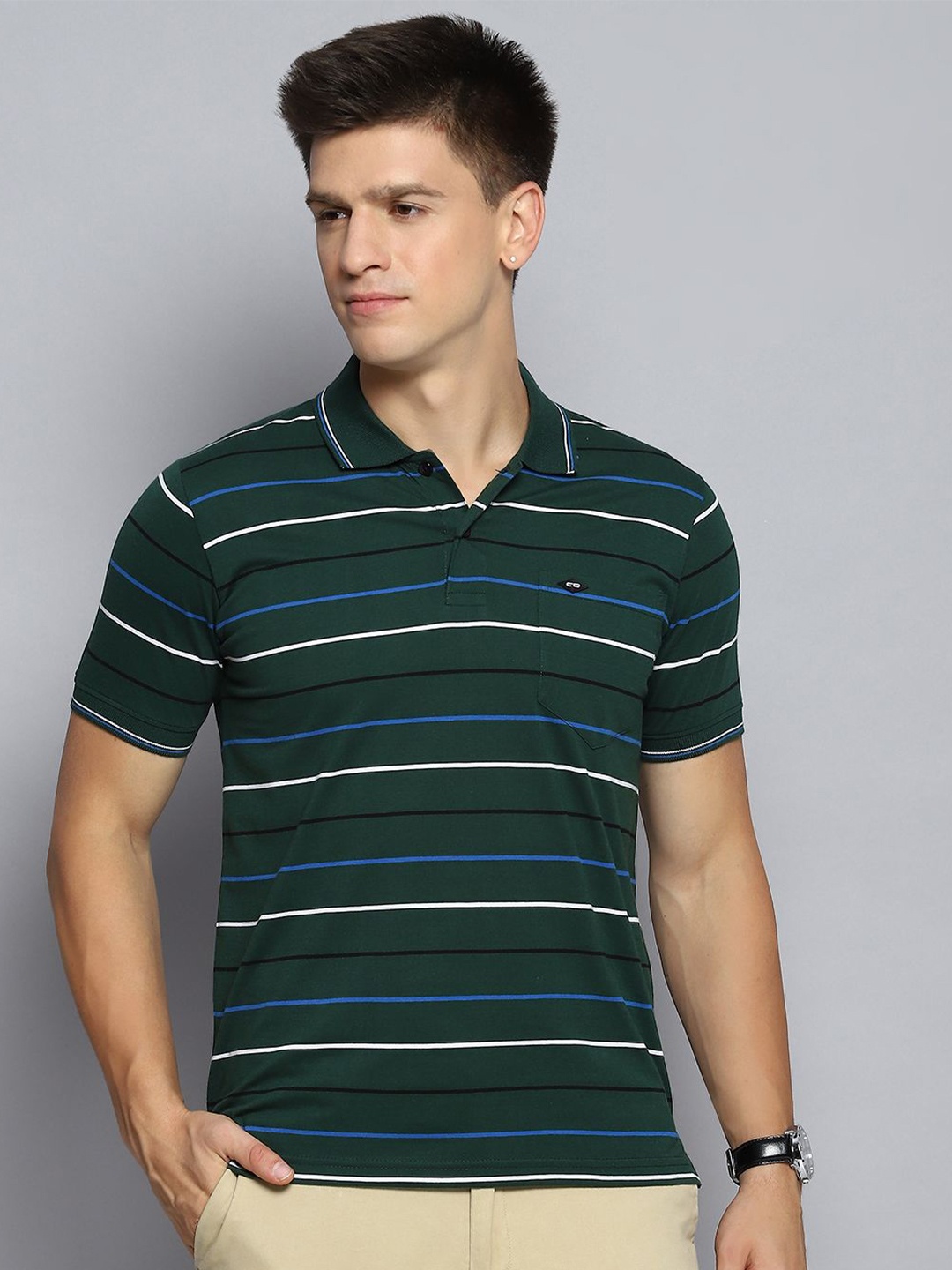 

Cloak & Decker by Monte Carlo Men Striped Polo Collar Pockets T-shirt, Green