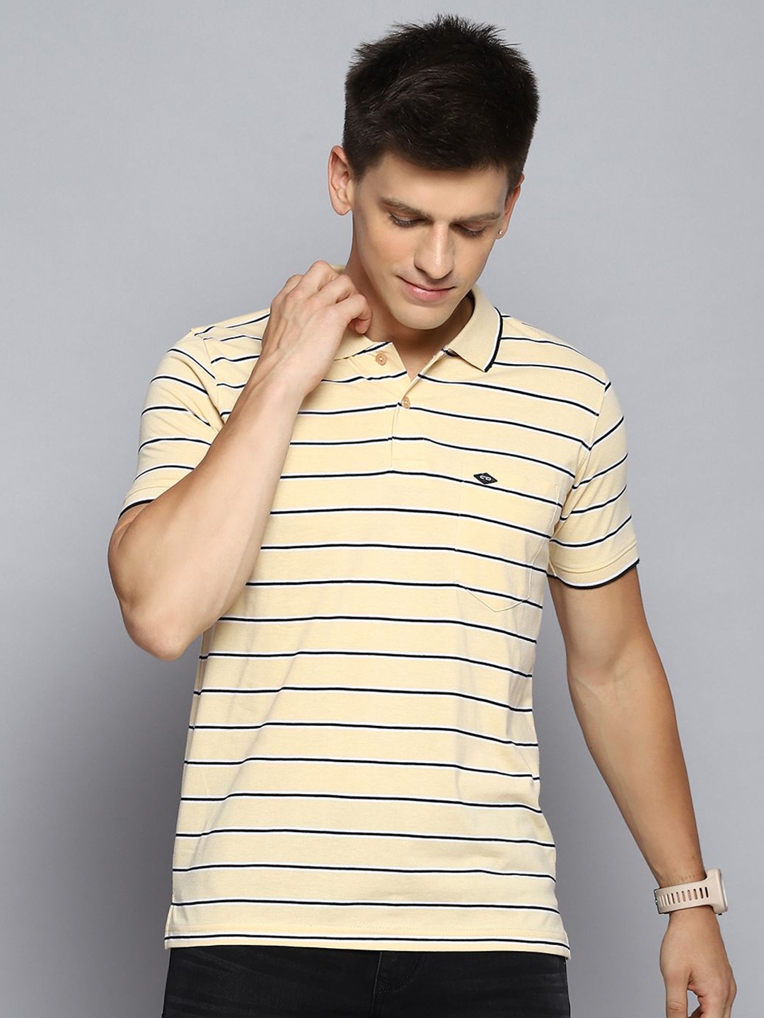 

Cloak & Decker by Monte Carlo Men Striped Polo Collar Pockets T-shirt, Yellow