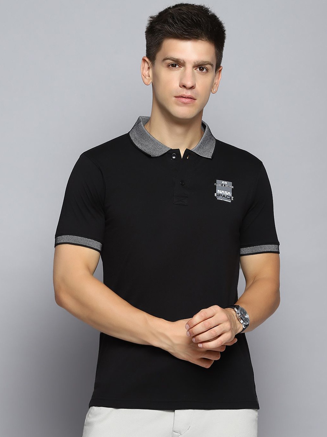 

Cloak & Decker by Monte Carlo Men Solid Polo Collar Applique T-shirt, Black
