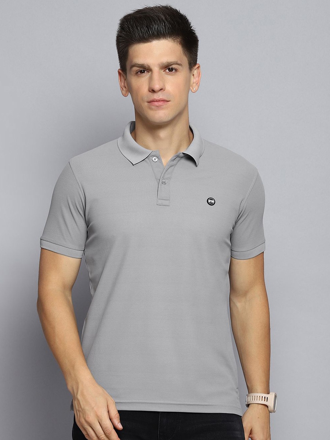 

Cloak & Decker by Monte Carlo Men Solid Polo Collar Applique T-shirt, Grey