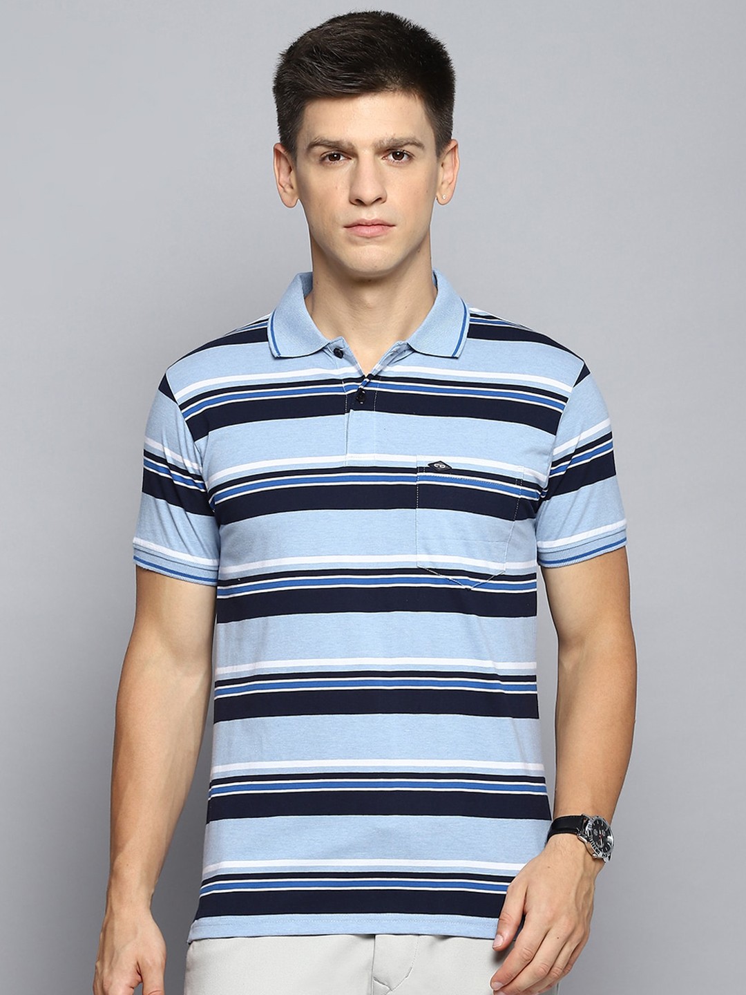 

Cloak & Decker by Monte Carlo Men Striped Polo Collar Pocket T-shirt, Blue