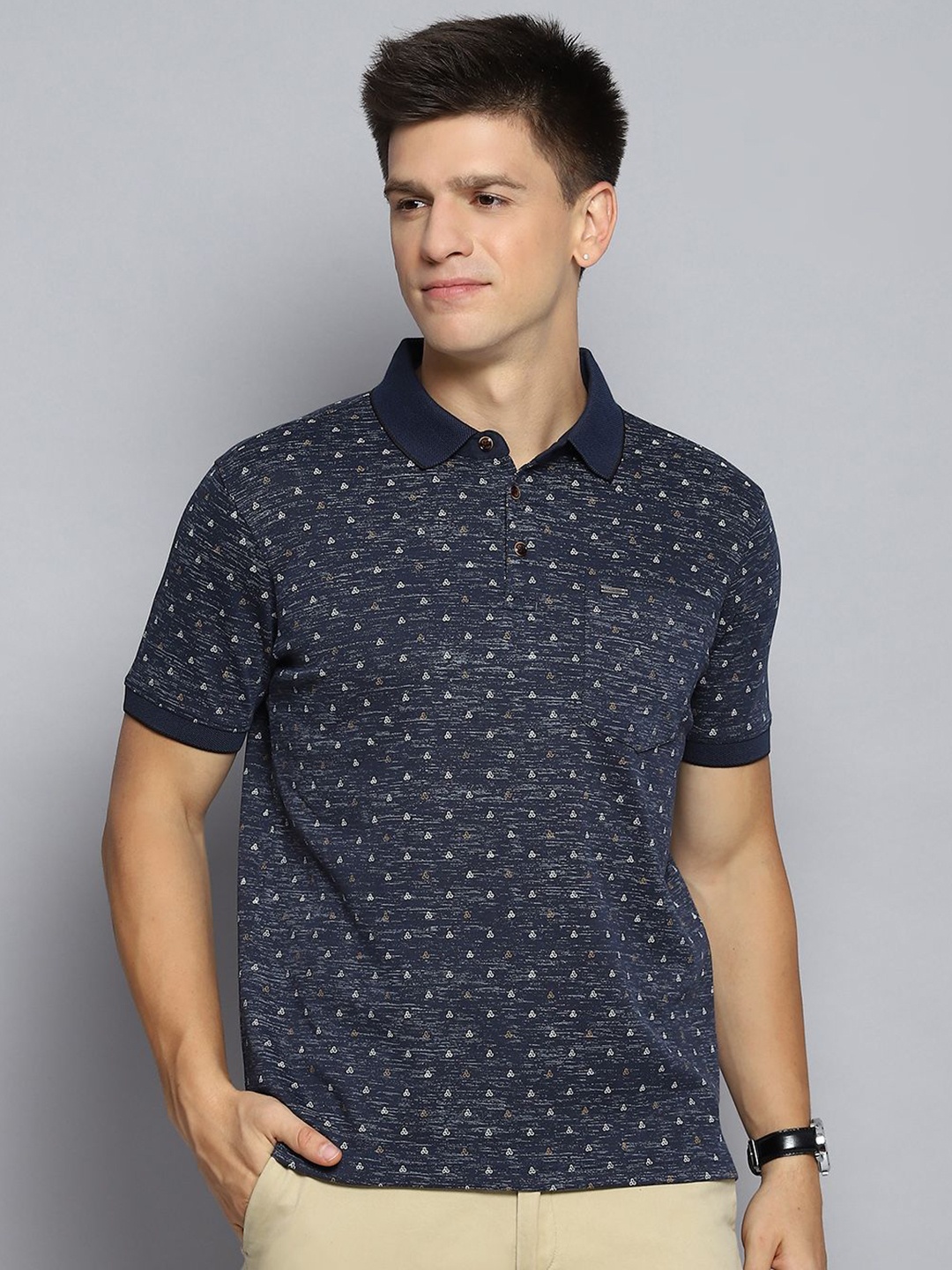 

Cloak & Decker by Monte Carlo Men Micro Ditsy Printed Polo Collar Pockets T-shirt, Navy blue