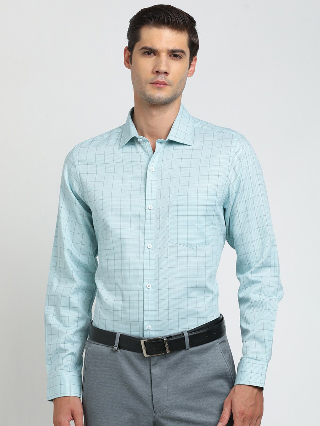 

Turtle Men Grid Tattersall Checks Spread Collar Pure Cotton Formal Shirt, Blue