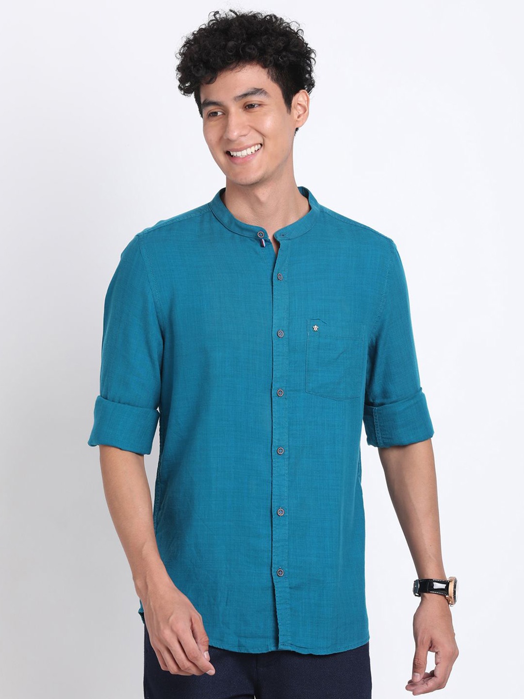 

Turtle Men Solid Mandarin Collar Casual Shirt, Teal