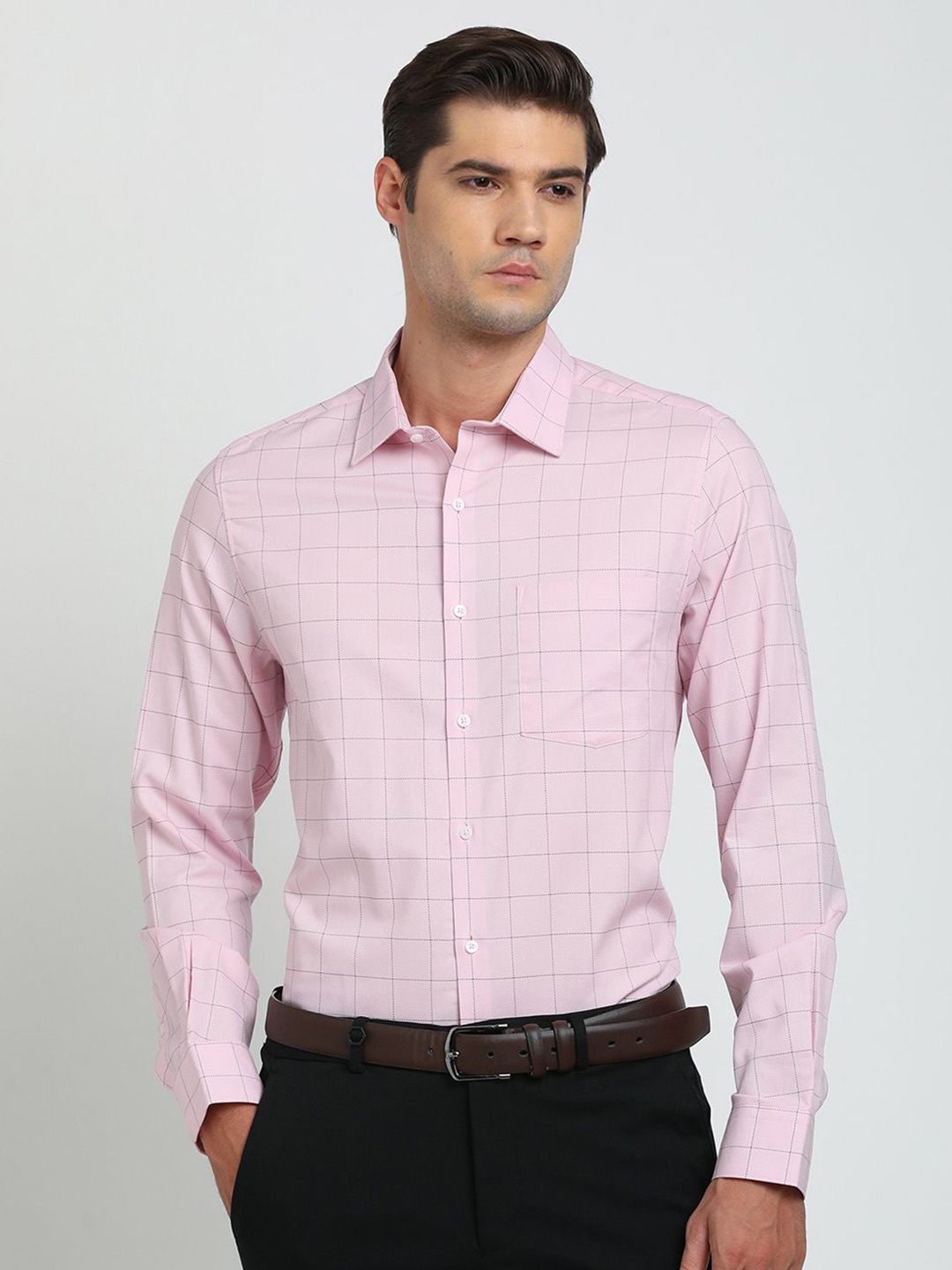

Turtle Men Grid Tattersall Checks Spread Collar Cotton Classic Slim Fit Formal Shirt, Pink