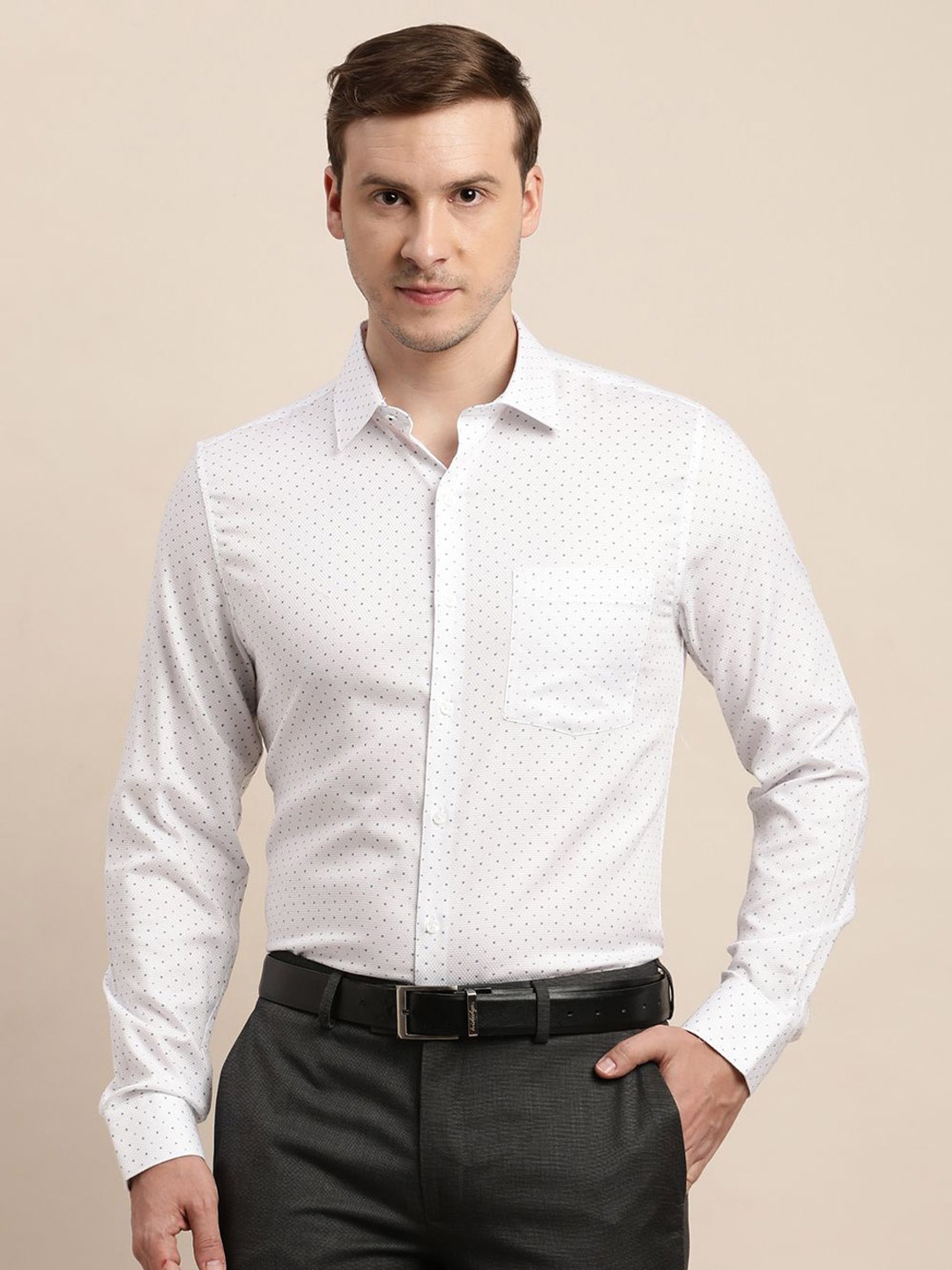 

Turtle Men Micro Ditsy Printed Spread Collar Pure Cotton Formal Shirt, White