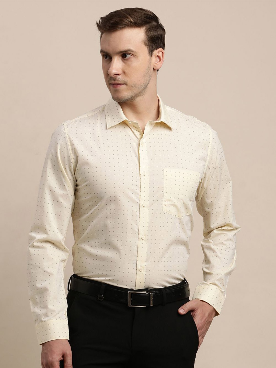 

Turtle Men Micro Ditsy Spread Collar Pure Cotton Formal Shirt, Cream