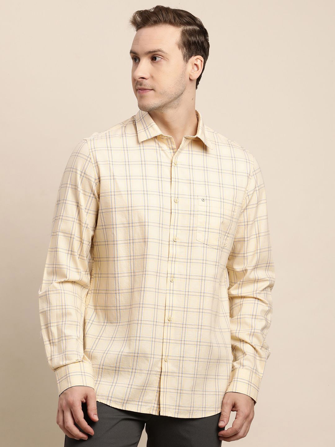 

Turtle Men Tartan Checks Spread Collar Pure Cotton Casual Shirt, Beige