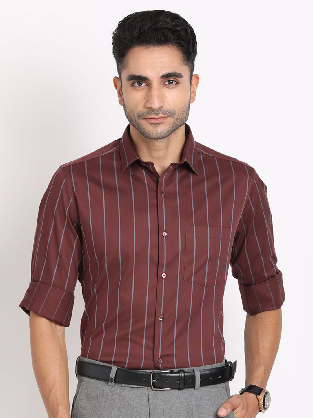 

Turtle Men Striped Spread Collar Pure Cotton Formal Shirt, Maroon