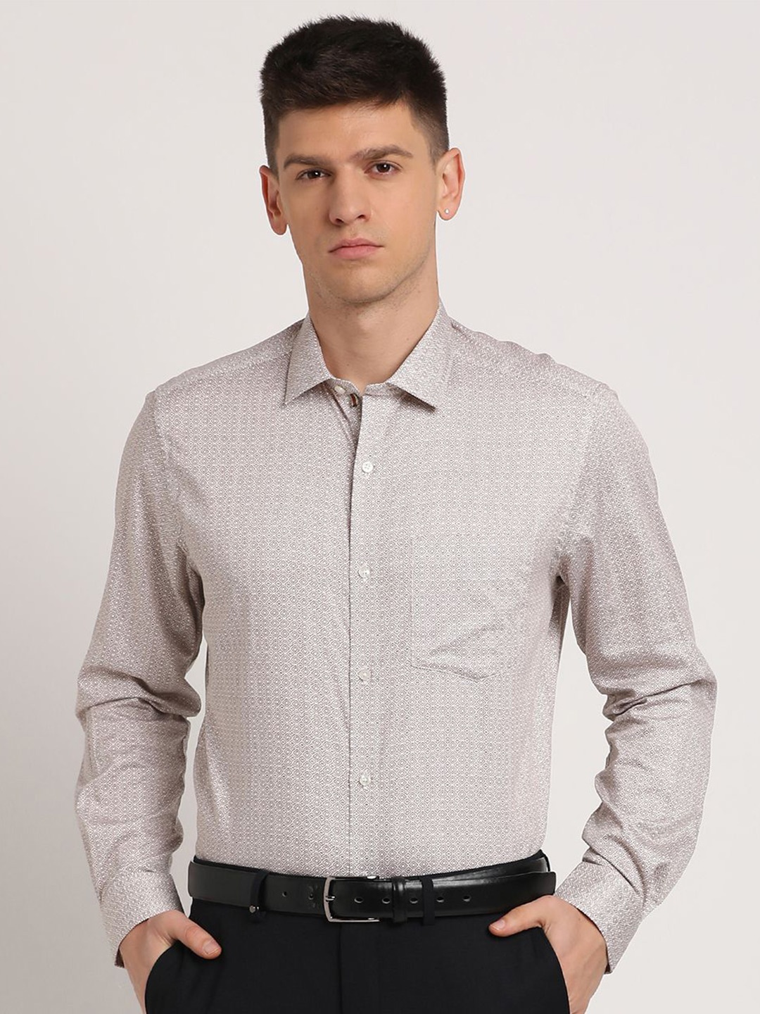 

Turtle Men Micro Ditsy Printed Spread Collar Formal Shirts, Grey