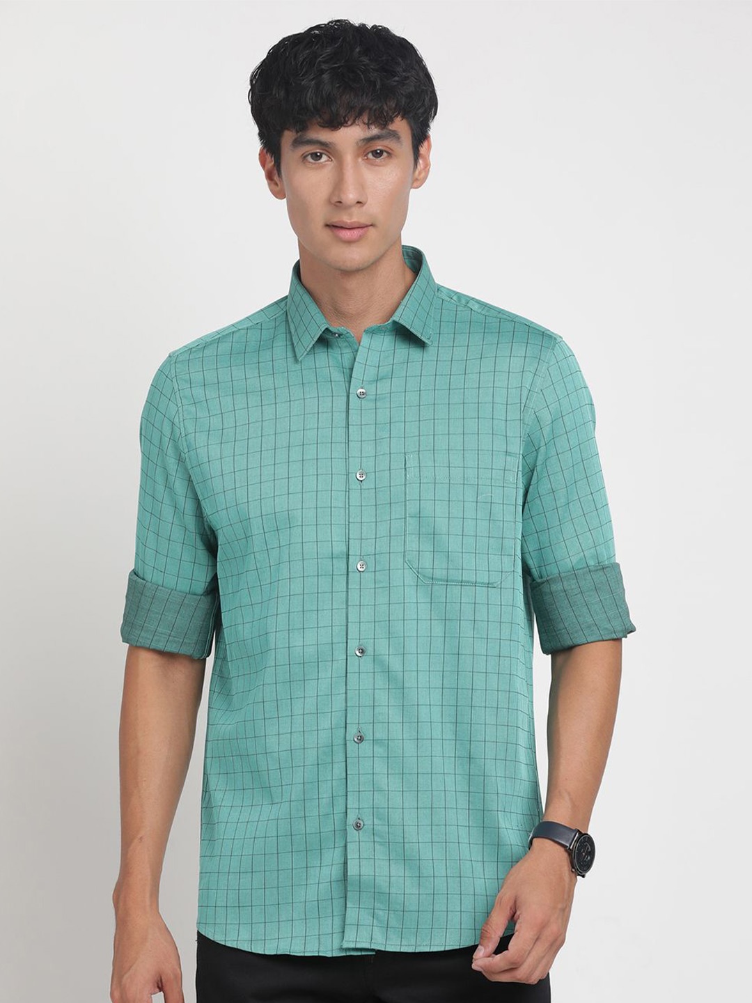 

Turtle Men Classic Slim Fit Tartan Checks Opaque Checked Formal Shirt, Green