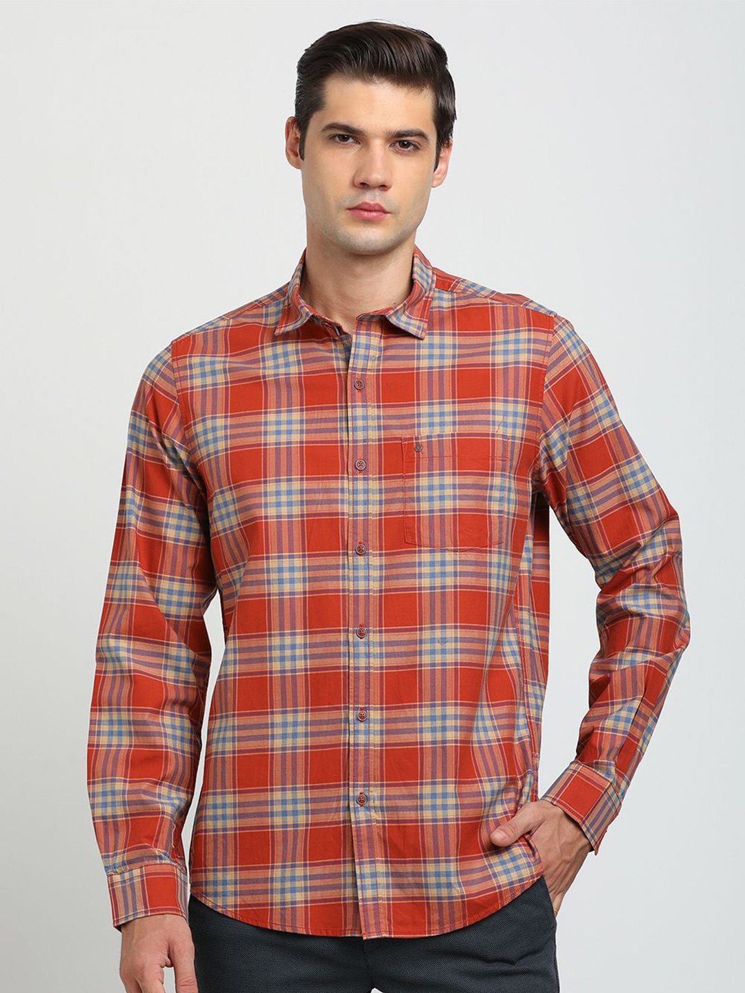 

Turtle Men Tartan Checks Spread Collar Casual Shirts, Orange