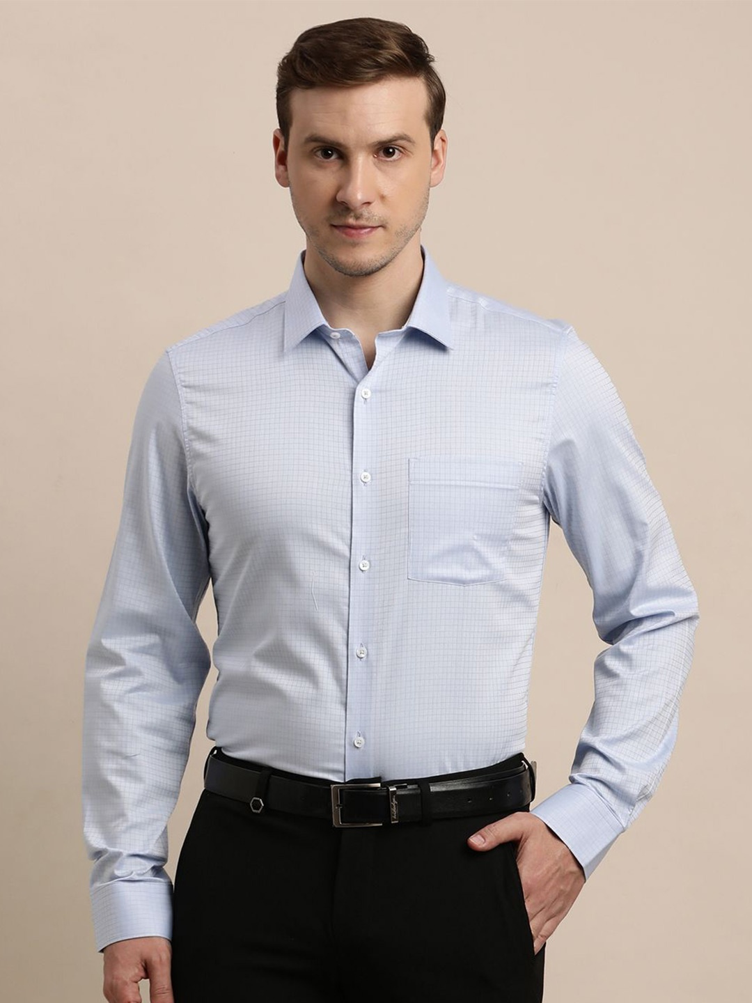 

Turtle Men Checked Spread Collar Cotton Classic Slim Fit Formal Shirt, Blue