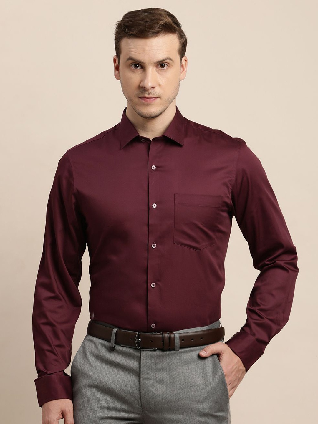 

Turtle Men Solid Spread Collar Formal Shirt, Maroon