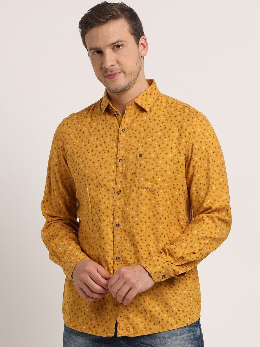 

Turtle Men Floral Printed Spread Collar Casual Shirt, Mustard