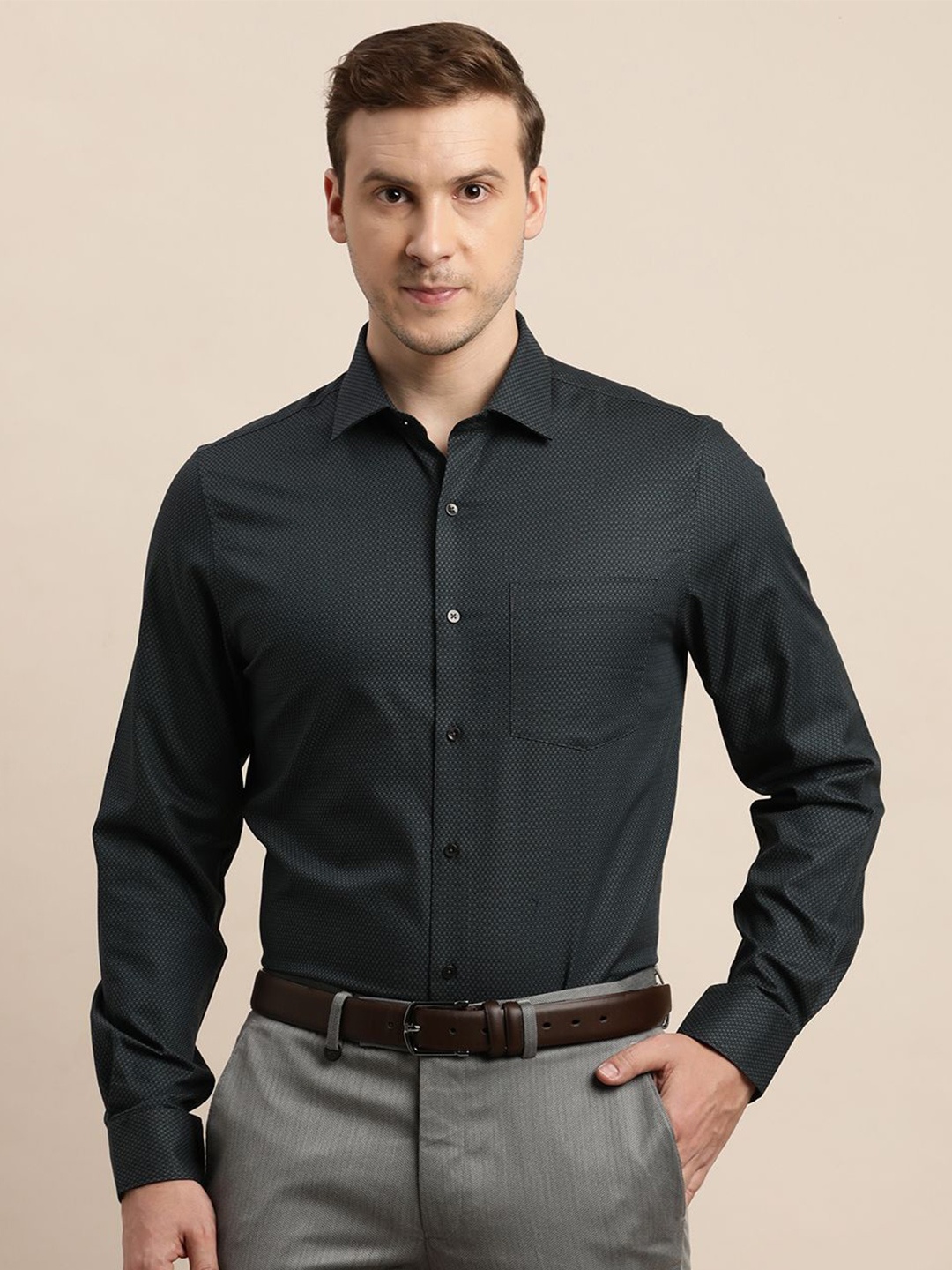 

Turtle Men Self Design Spread Collar Formal Shirts, Black
