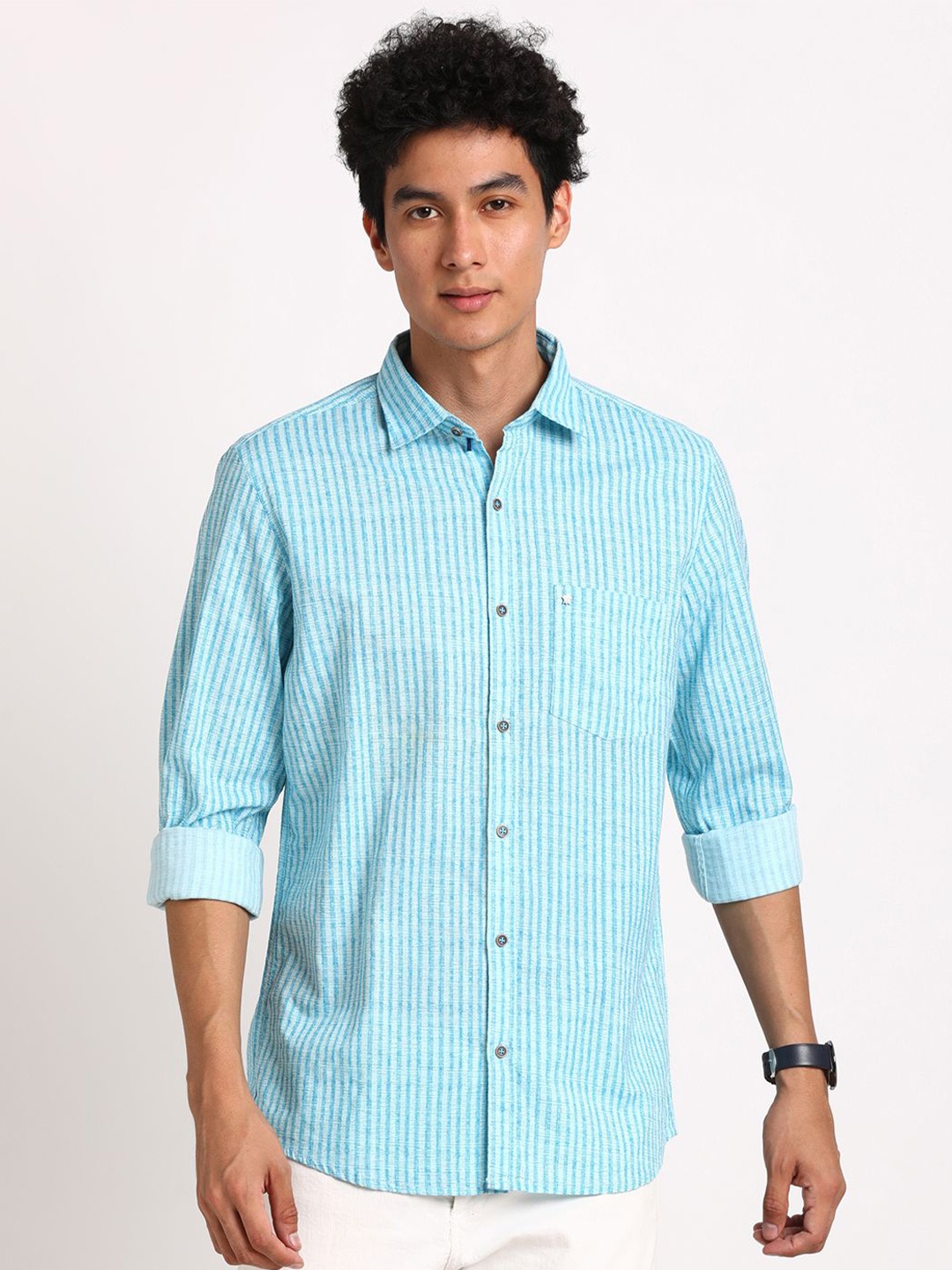 

Turtle Men Striped Spread Collar Pure Cotton Casual Shirt, Turquoise blue