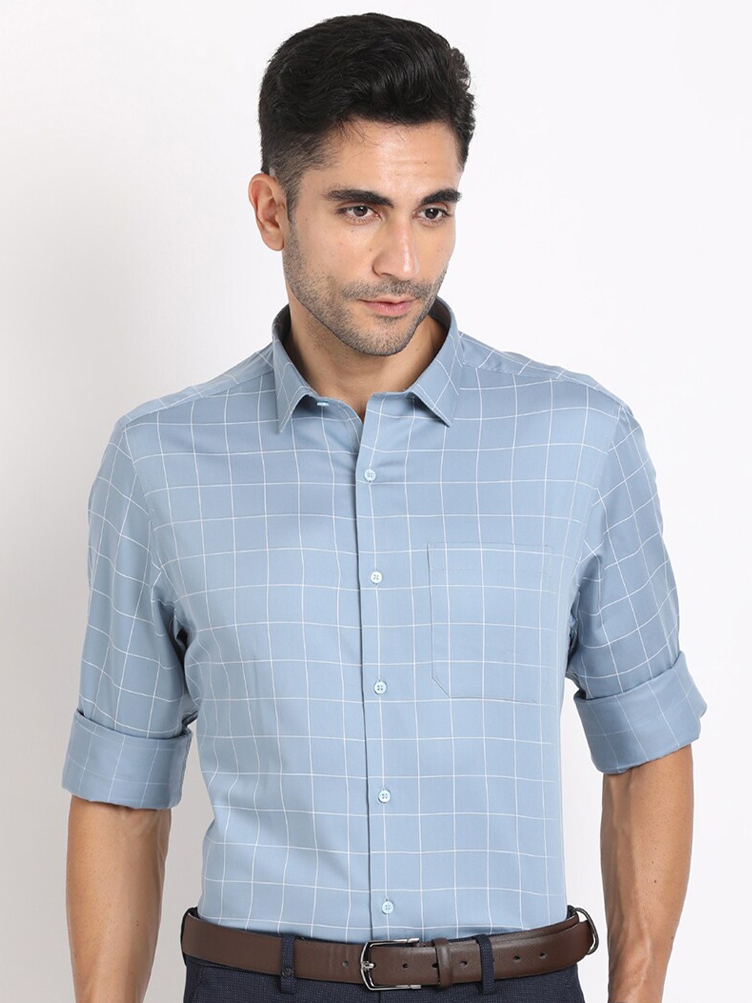 

Turtle Men Checked Spread Collar Pure Cotton Formal Shirt, Blue