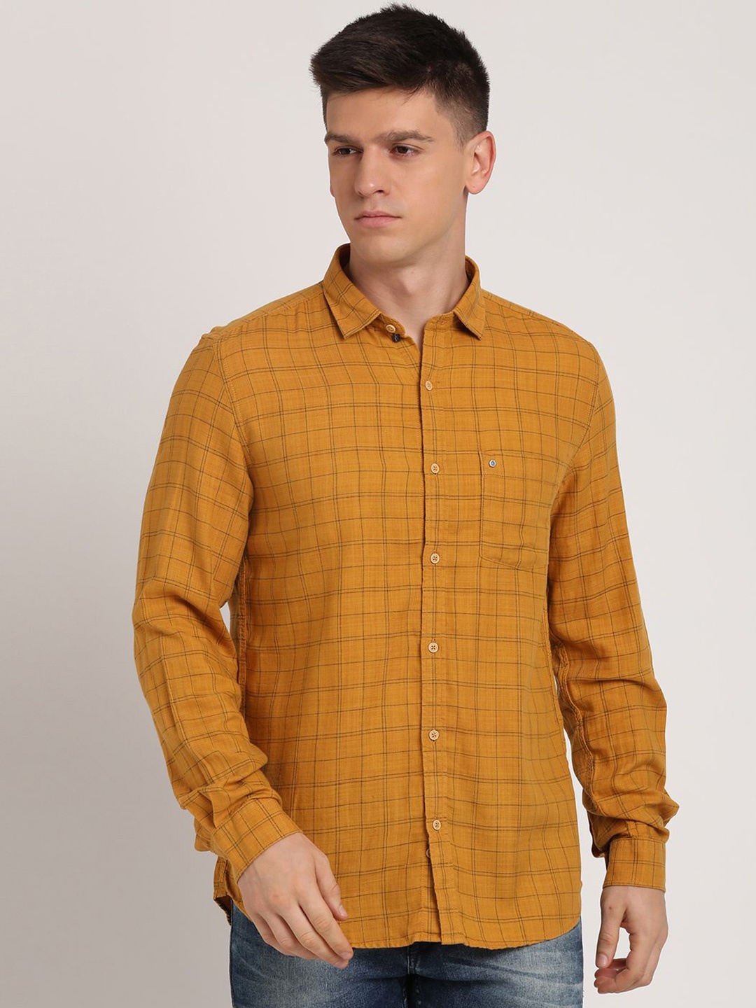 

Turtle Men Tattersall Checks Spread Collar Casual Shirt, Mustard