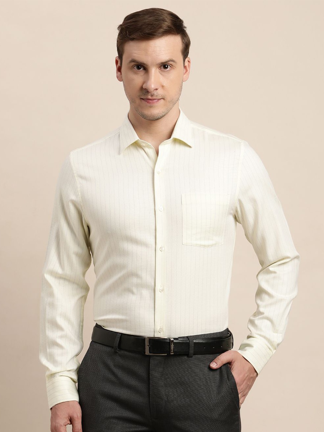 

Turtle Men Striped Spread Collar Formal Shirt, Cream