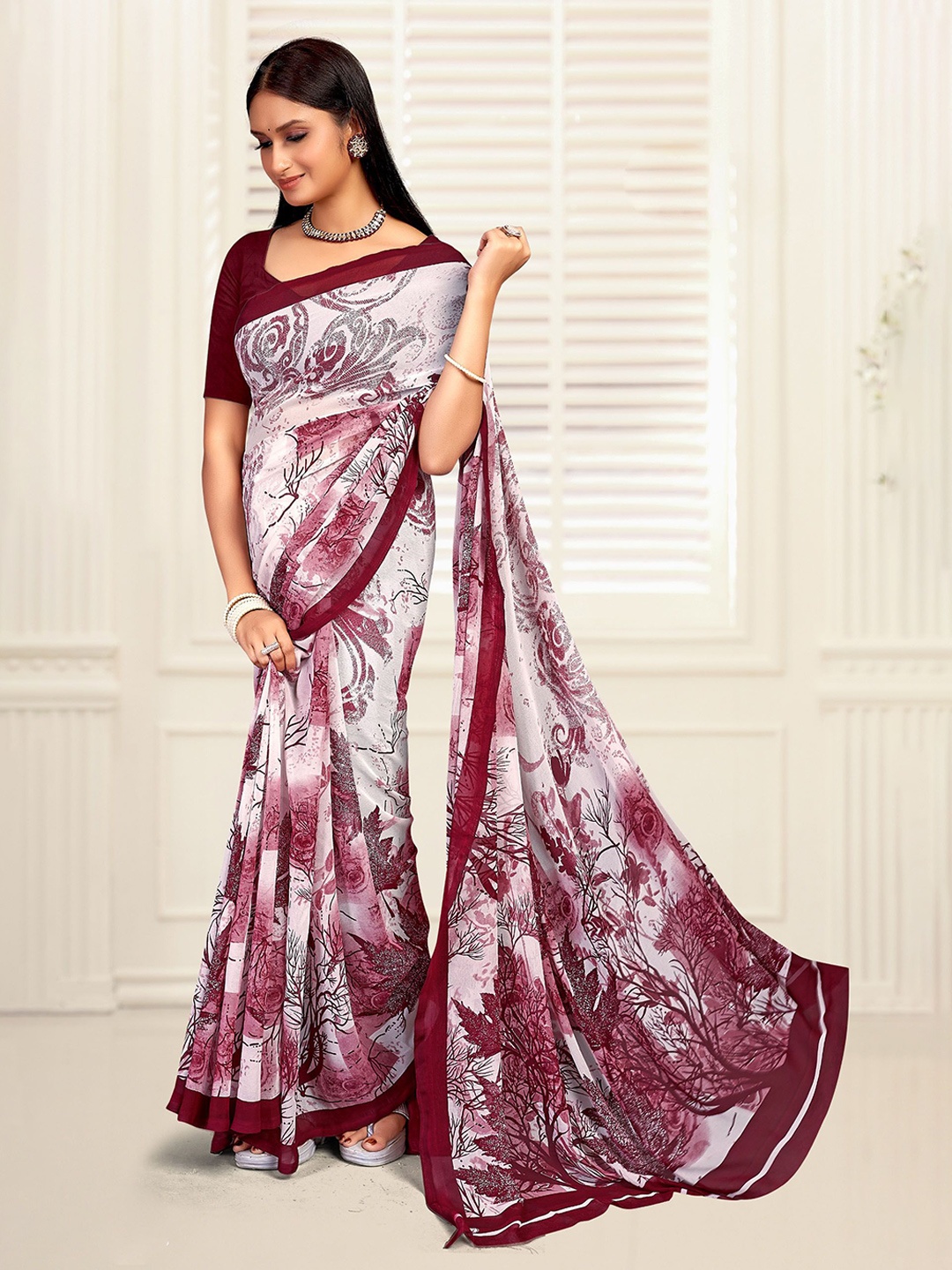 Panzora Printed Saree With Blouse Piece, Magenta