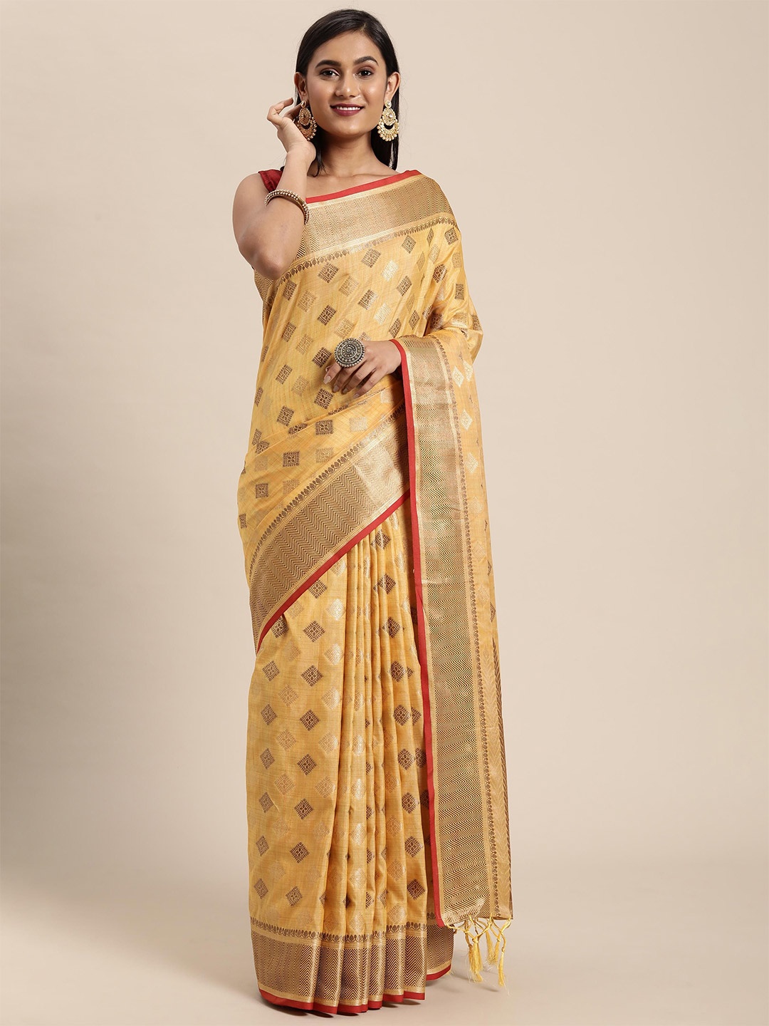 

ALAGINI Ethnic Motifs Woven Design Zari Pure Cotton Chanderi Saree, Yellow