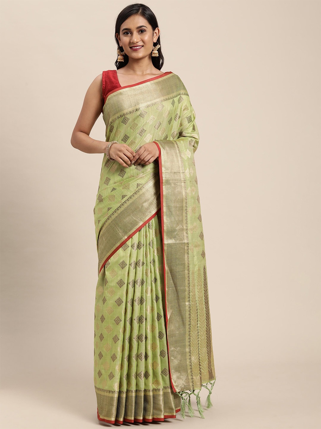 

ALAGINI Woven Design Zari Pure Cotton Chanderi Saree, Green