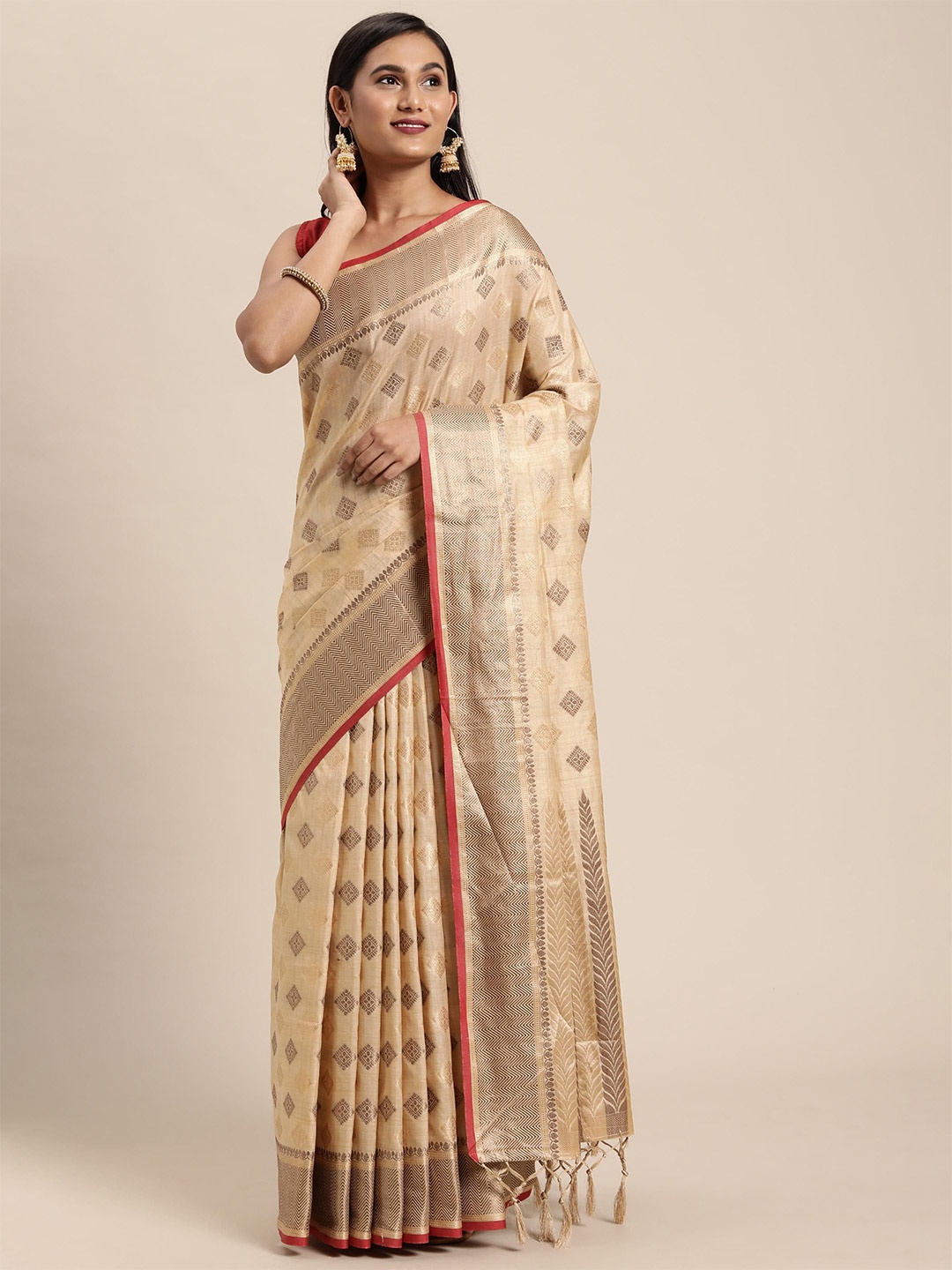 

ALAGINI Woven Design Zari Pure Cotton Chanderi Saree, Beige