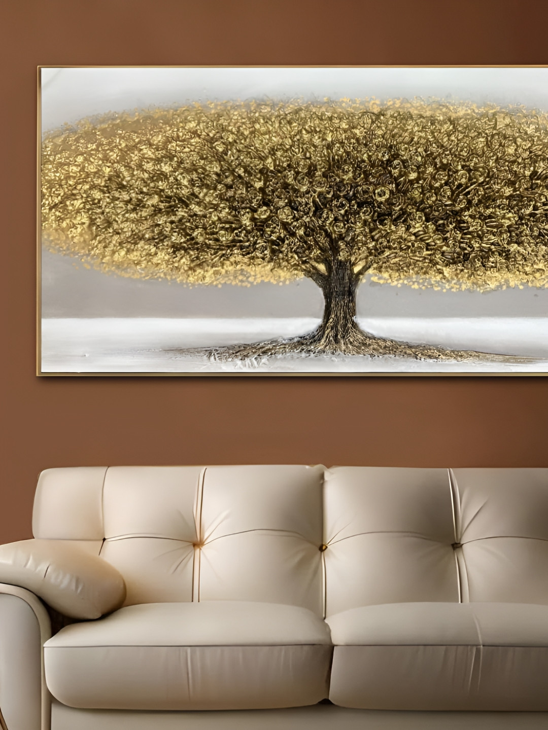 

KAYRA DECOR Handmade Embossed Canvas Art Painting Large Golden Tree Art Oil Painting, Beige