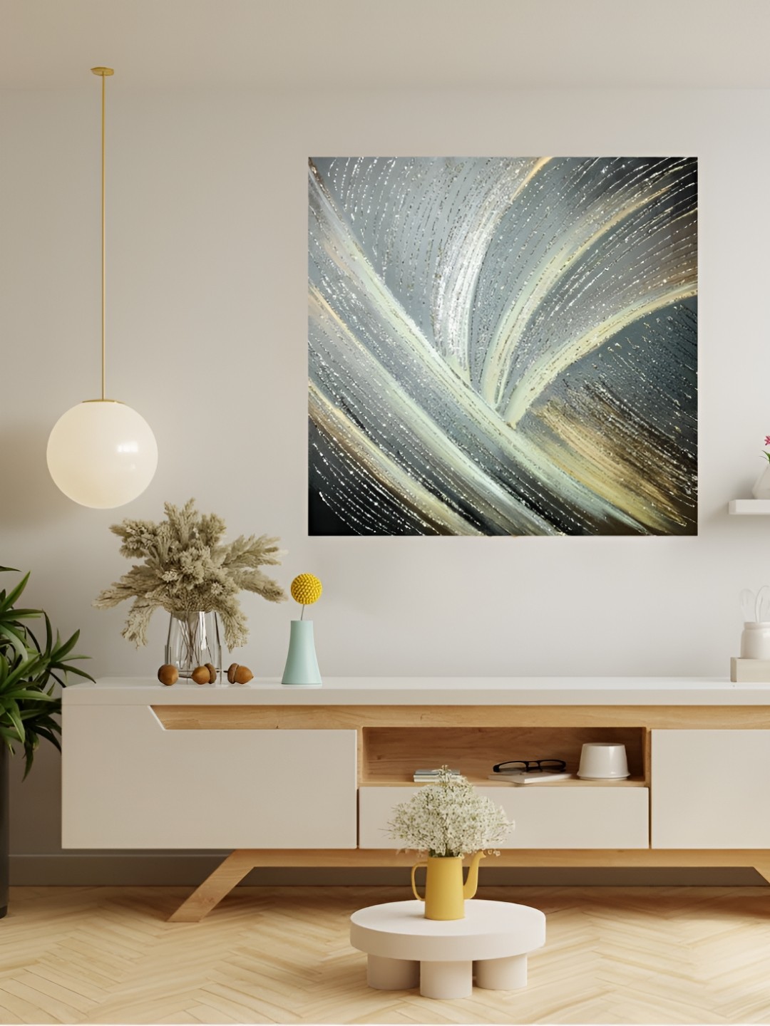 

KAYRA DECOR Beige & Black Handmade Embossed Canvas Abstract Modern Art 3D Glitter Artwork