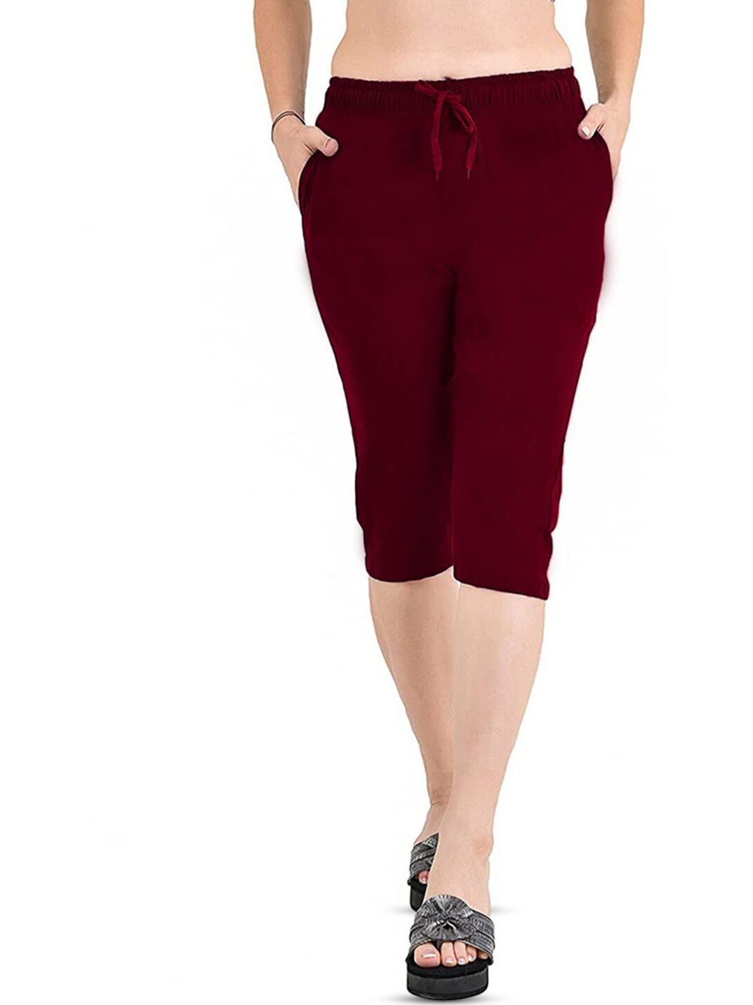 

DALUCI Women Mid-Rise Cotton Capris, Maroon