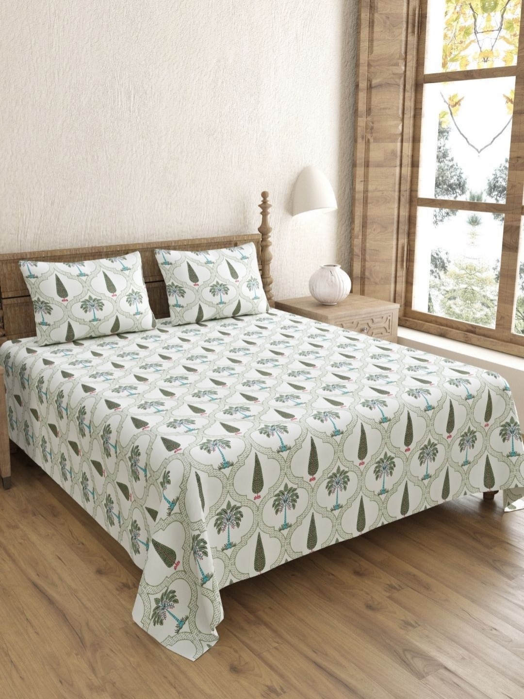 

JAIPUR FABRIC White Ethnic Motifs Cotton 240 TC Double King Bedsheet with 2 Pillow Covers