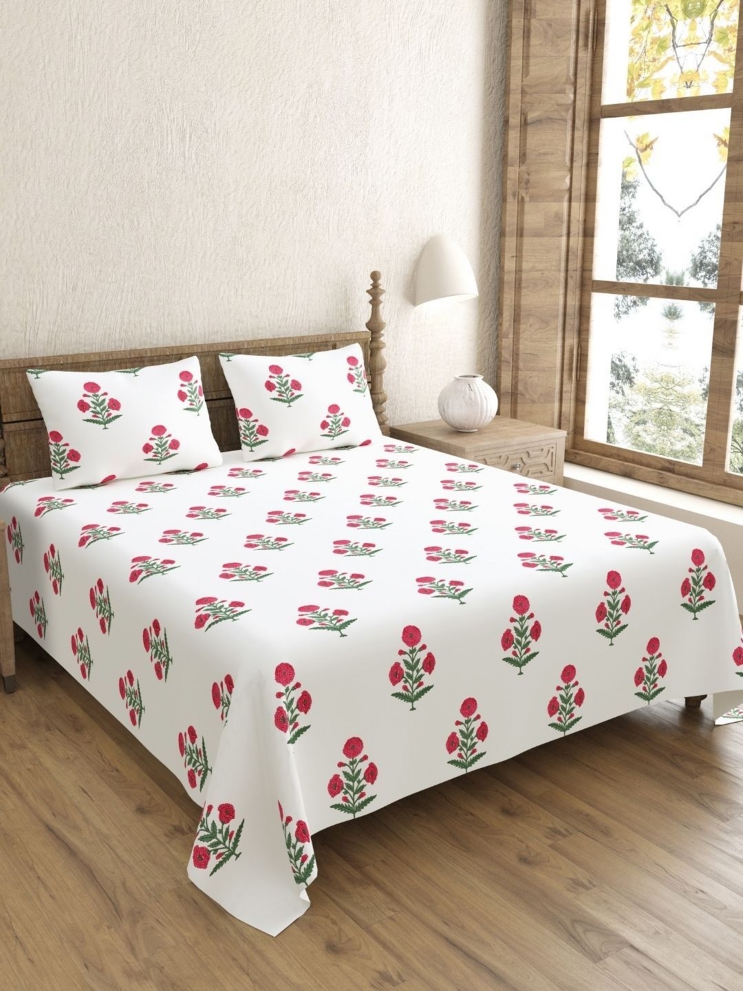 

JAIPUR FABRIC White & Pink Floral Cotton 240 TC Double King Bedsheet with 2 Pillow Covers