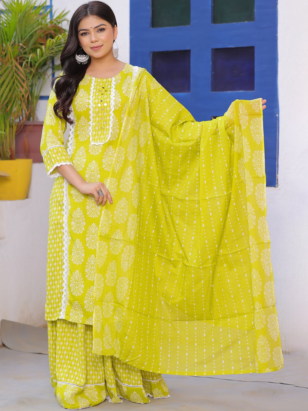 

PARTHVI Floral Printed Thread Work Round Neck Straight Kurta with Skirt & With Dupatta, Yellow