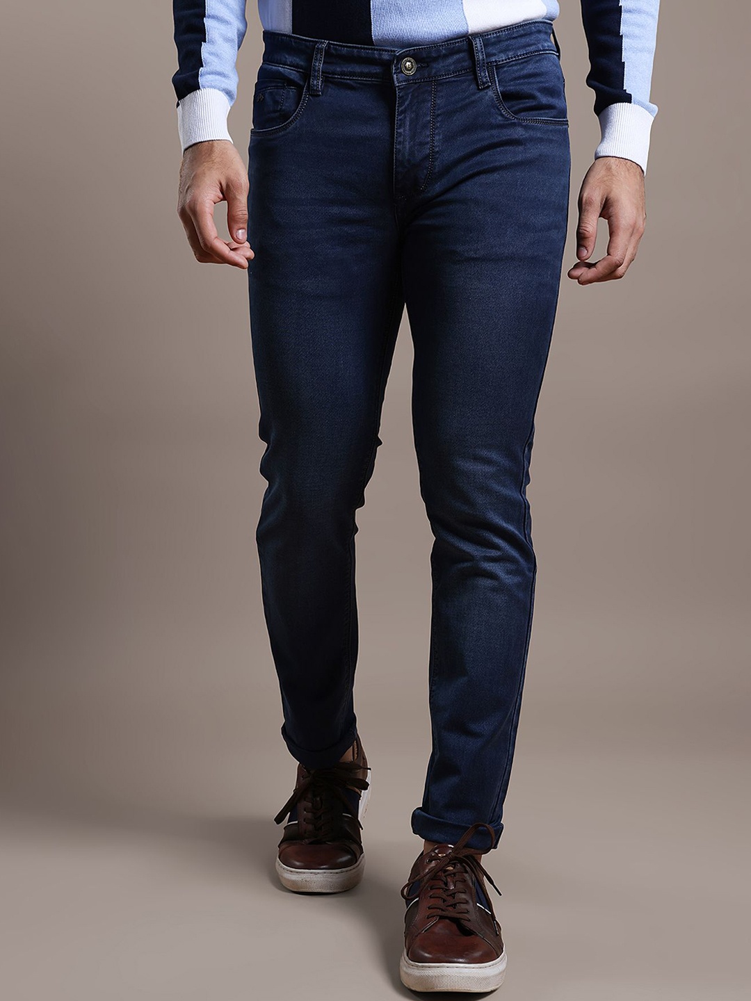 

Turtle Men Narrow Tapered Fit Light Fade Stretchable Clean Look Jeans, Navy blue