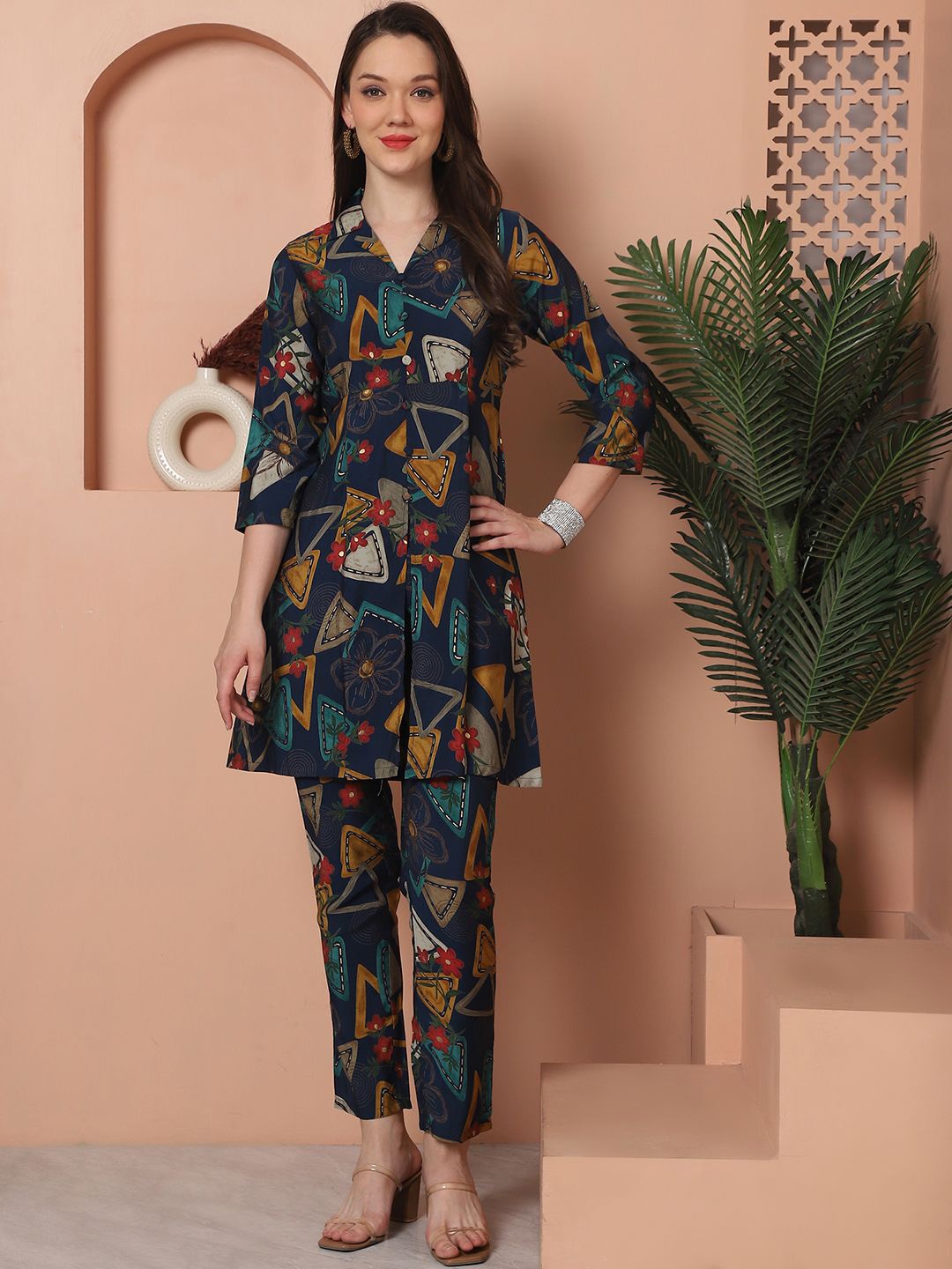 

Claura Blue & Brown Floral Printed Shirt Collar Tunic With Trousers