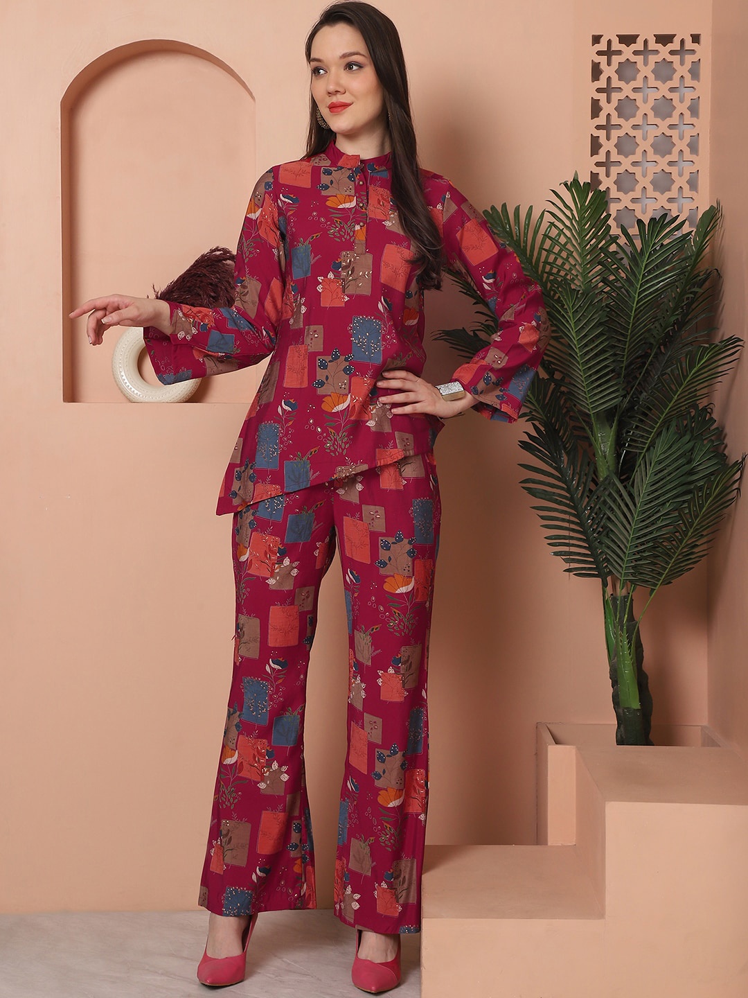 

Claura Maroon Printed Mandarin Collar Top With Trousers
