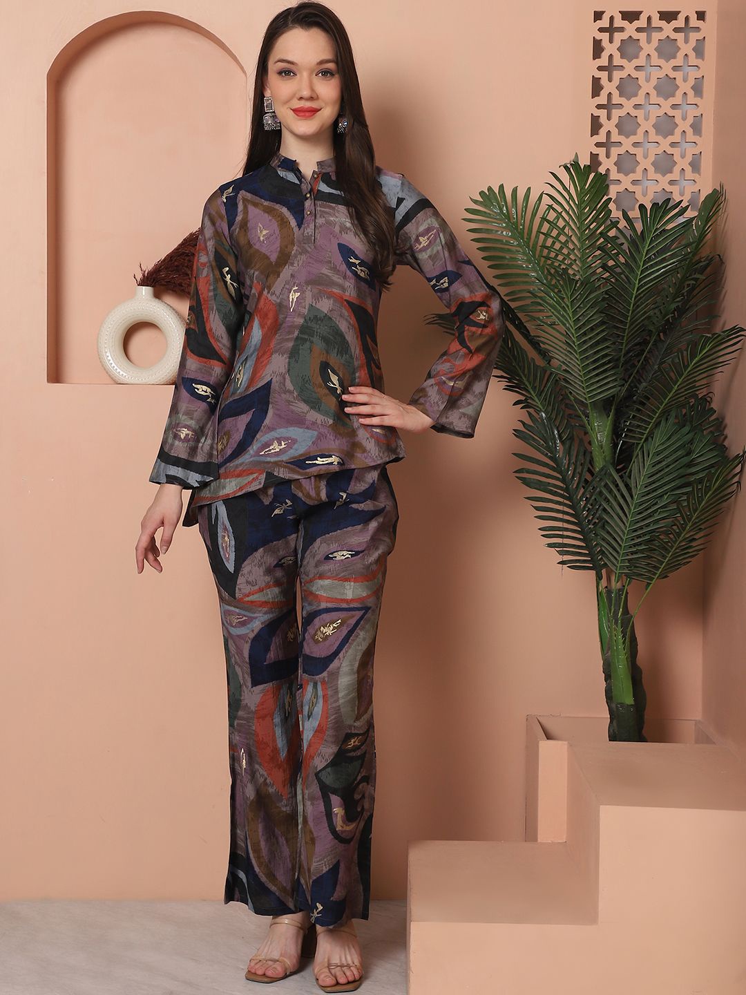 

Claura Purple Printed Mandarin Collar Top With Flared Palazzos